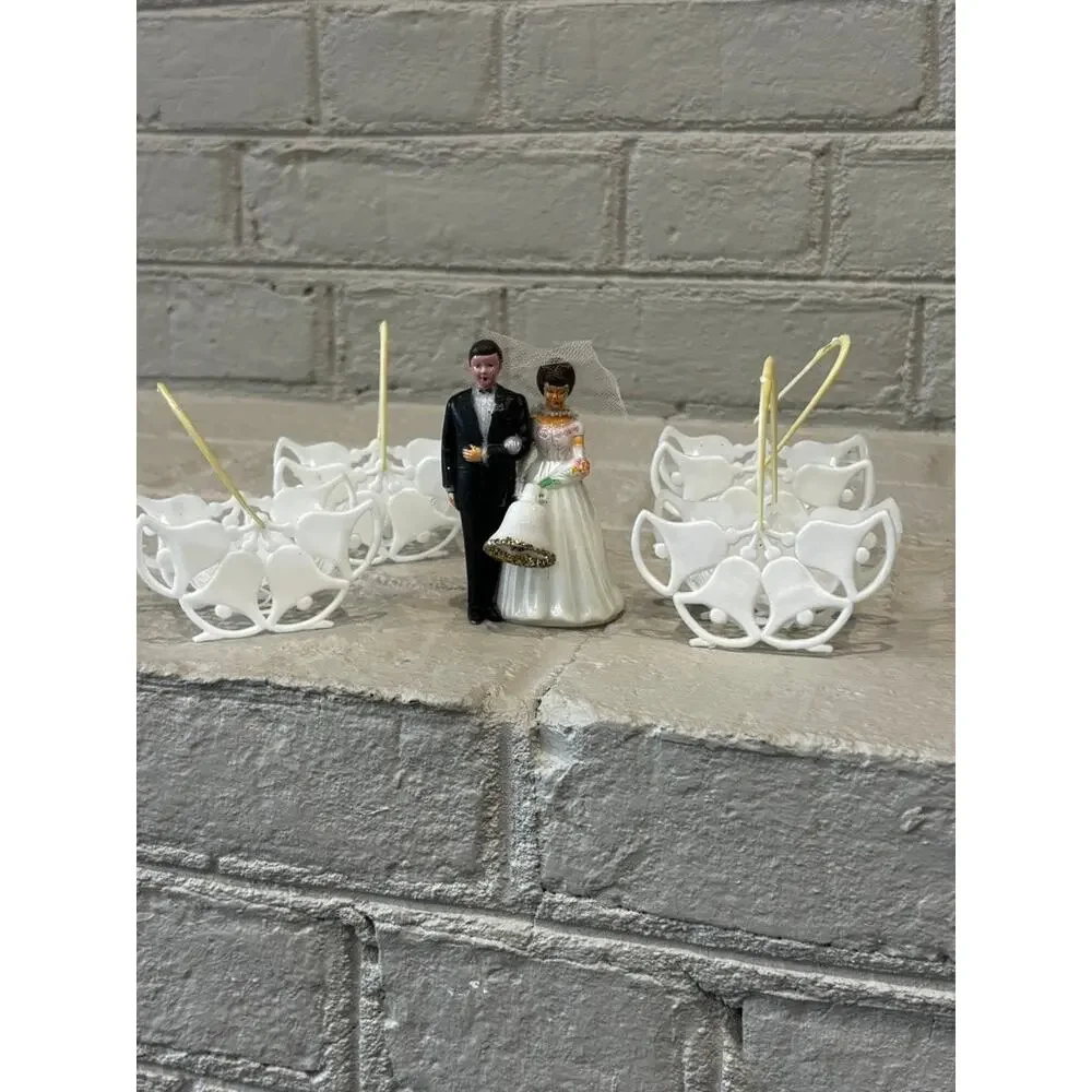 Vintage Wedding Cake Topper Bride Groom Bells Candle Holders 1960s